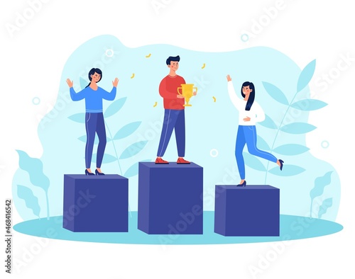 Concept of employee recognition. Pedestal with characters, distribution of seats. Competition for best employee. Man stands with cup in his hands in first place. Cartoon flat vector illustration
