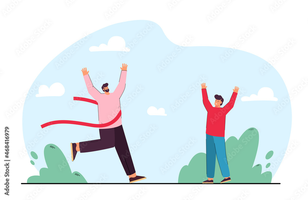 Boy meeting winner crossing finish line and tearing red ribbon. Child happy for father who winning competition flat vector illustration. Victory concept for banner, website design or landing web page