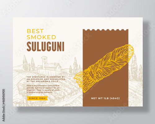 Premium Local Suluguni Food Label Template. Abstract Vector Packaging Design Layout. Modern Typography Banner with Hand Drawn Pigtail Smoked Georgian Cheese and Rural Landscape Background. Isolated