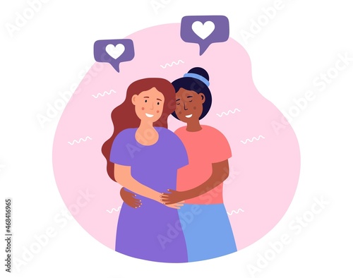 Concept of friendship day. Girls hug each other, partners, love, intimacy. Romance, couple, samesex relationship. Holiday international equality tolerance. Cartoon flat vector illustration