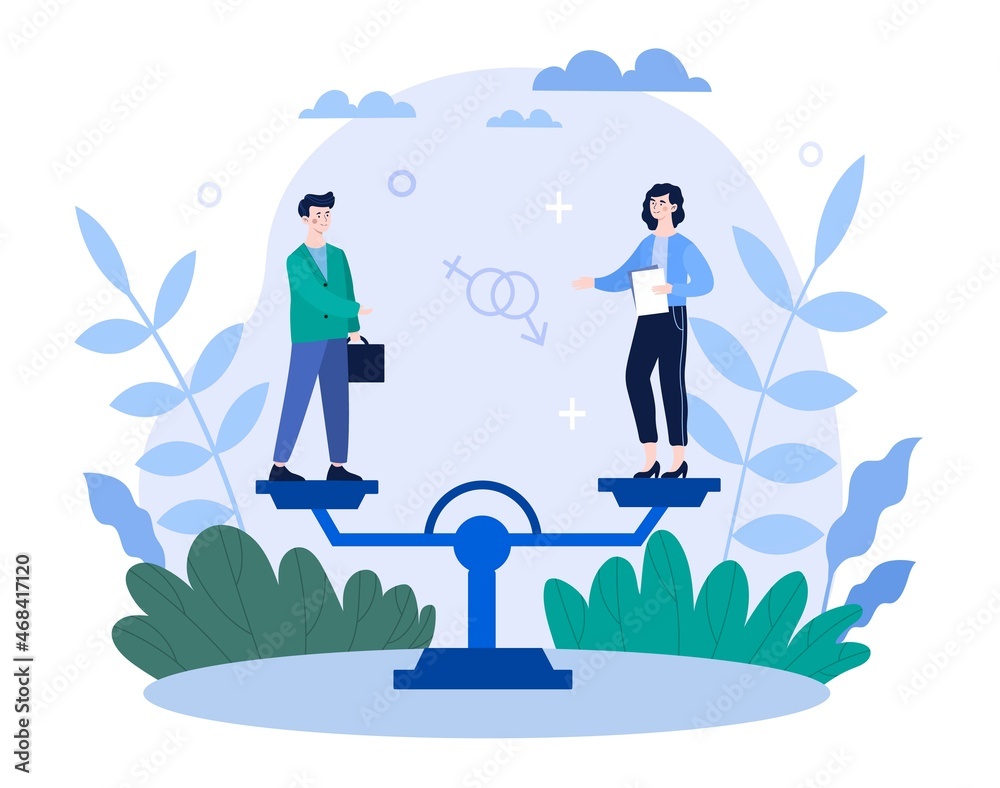 Concept of gender balance. Man and girl standing on scales. Feminism concept, society, social phenomena. Respect for all people. Career opportunity and business wage. Cartoon flat vector illustration