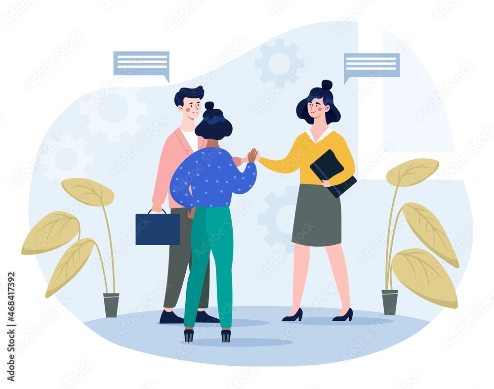 Fototapeta premium Concept of happy colleagues. Girls and men communicate in office. Brainstorming, employees, coworking, partners. Friendly team, good atmosphere, organization. Cartoon flat vector illustration