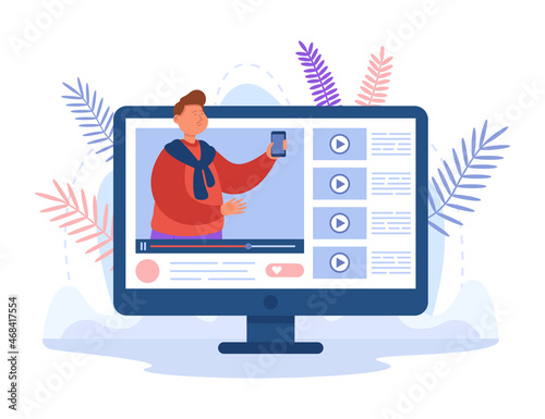 Video blogger on computer screen advertising new phone. Man posting vlog or smartphone review on channel flat vector illustration. Technology, marketing concept for banner or landing web page