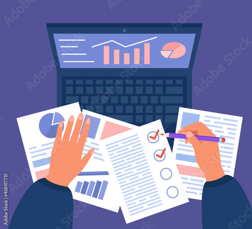 Hands of accountant with documents and computer. Analyst or office worker analyzing business growth, doing research flat vector illustration. Technology, finances concept for banner or website design