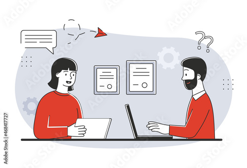 Concept of job interview. Candidate came to apply for vacancy. Portfolio, resume. Man at laptop checks knowledge and abilities of girl. Talent search, hr, recruiting. Cartoon flat vector illustration