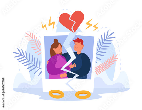 Torn photo of happy cartoon husband and wife. Wedding rings, broken heart, breakup due to stress and problems at home flat vector illustration. Family, divorce concept for banner or landing web page