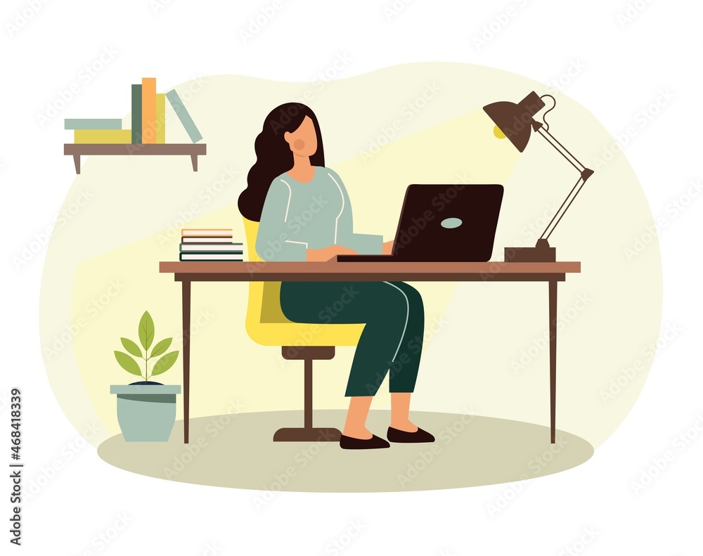Concept of online study. Girl sits at home at laptop. Character passes test, exam, search for information on Internet. Modern technologies, comfort, coziness, evening. Cartoon flat vector illustration