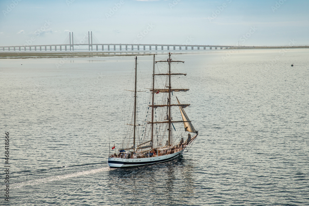 Öresund - tall sailing ship at the Oresund bridge between Copenhagen and Malmo