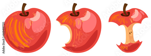 Red apple fruit bite stage set. From whole to apple core gradual decrease. Bitten and eaten. Apple fruit icon design