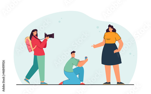 Woman taking picture of man proposing to girlfriend. Girl capturing moment of family creation flat vector illustration. Posing, social media space concept for banner, website design, landing web page