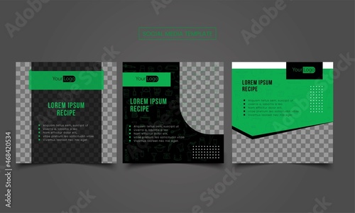 Square graphic design with green and black color suitable for social media post about recipe and brochure flyer and other printed media 