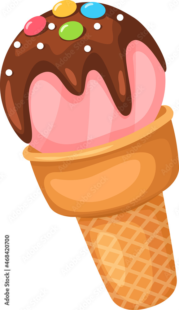 Ice cream cone with sweet balls and topping. Vector top of ice cream, sweet food dessert isolated illustration Ice cream cone with sweet balls and topping. Vector top of ice cream, sweet food dessert isolated illustration