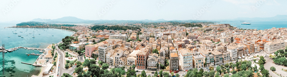 Wide angle photo, old buildings, Corfu Town, Greece