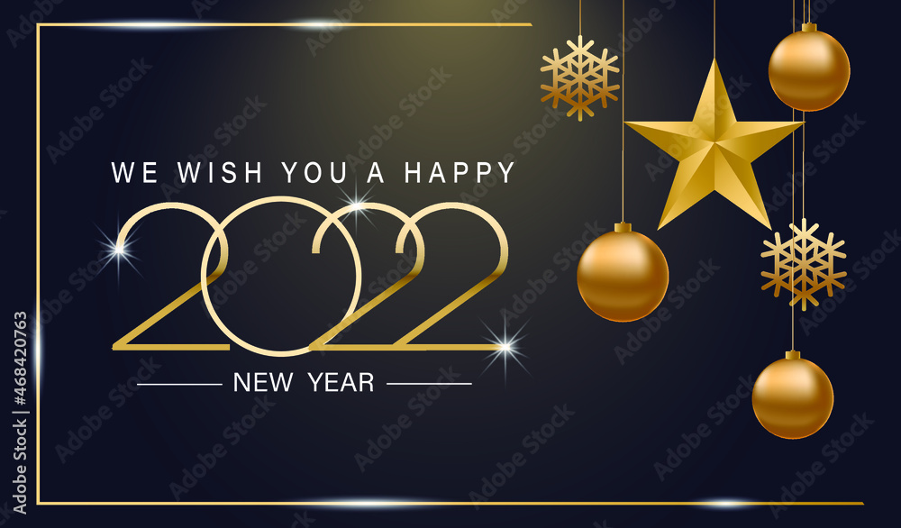Happy New Year 2022, elegant text with golden backlight, golden balls, a star and snowflakes. Minimalistic text template. New Year's poster.EPS 10.