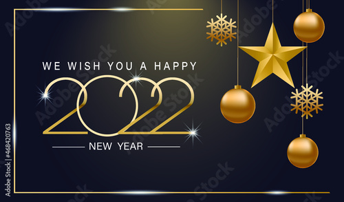 Happy New Year 2022, elegant text with golden backlight, golden balls, a star and snowflakes. Minimalistic text template. New Year's poster.EPS 10.