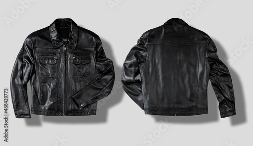 Black leather jacket isolated on white. Front and back views. Ready for clipping path.
