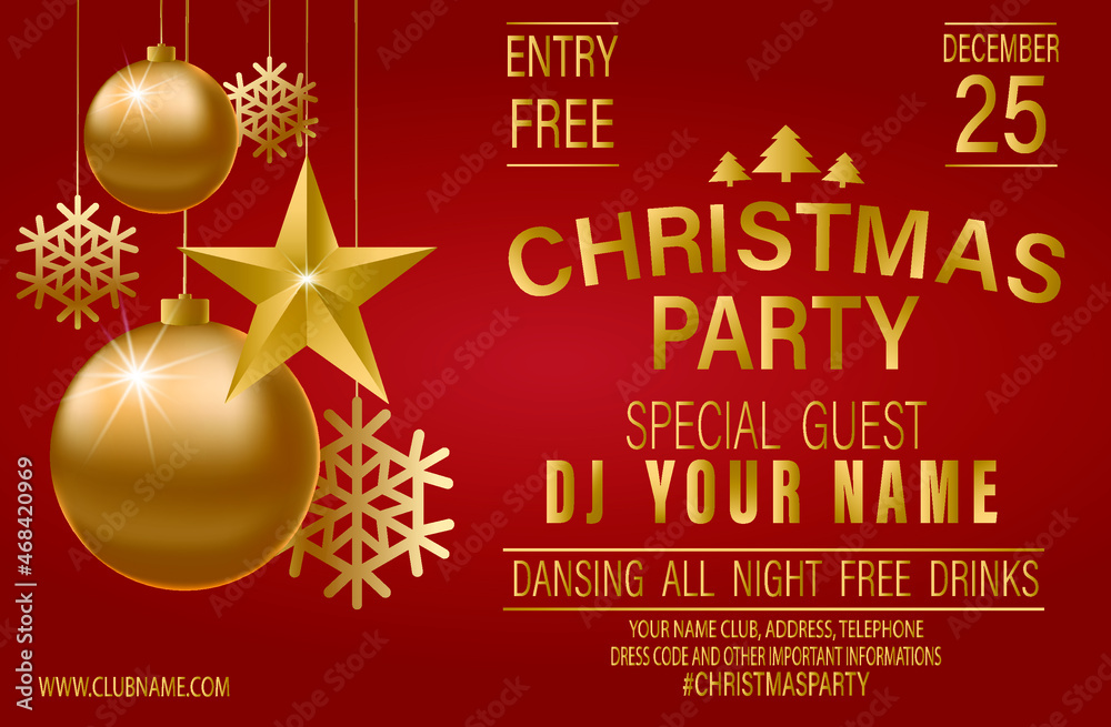 Christmas party poster. Golden glittering balls with sequins. Decorations of hanging stars and snowflakes on a dark background. Design invitation flyer. Dj name. Night disco. Happy New Year. Vector