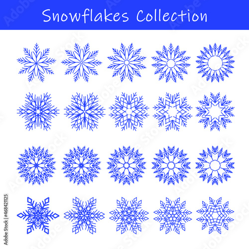 Snowflakes collection. Winter paper cut design elements. Set of blue crystal flake silhouette icon isolated on white background. Vector illustration.