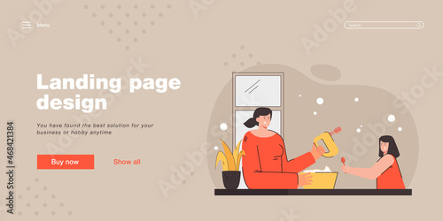 Mother and daughter cooking together. Female character beating cream with mixer. Little girl holding spoon. Both smiling. Family bounding concept for banner, website design or landing web page