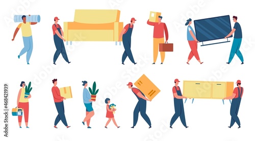 People carrying boxes and things, loaders in uniform moving furniture. Delivery worker with package, character holding cardboard box vector set. Woman, man and child carrying plants, toys an tv