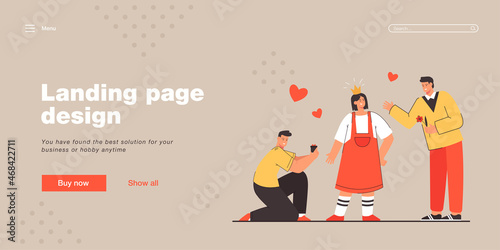 Two men courting woman vector illustration. Male characters offering flowers and jewelry to female. Woman wearing imaginary crown. Love contest concept for banner, website design or landing page