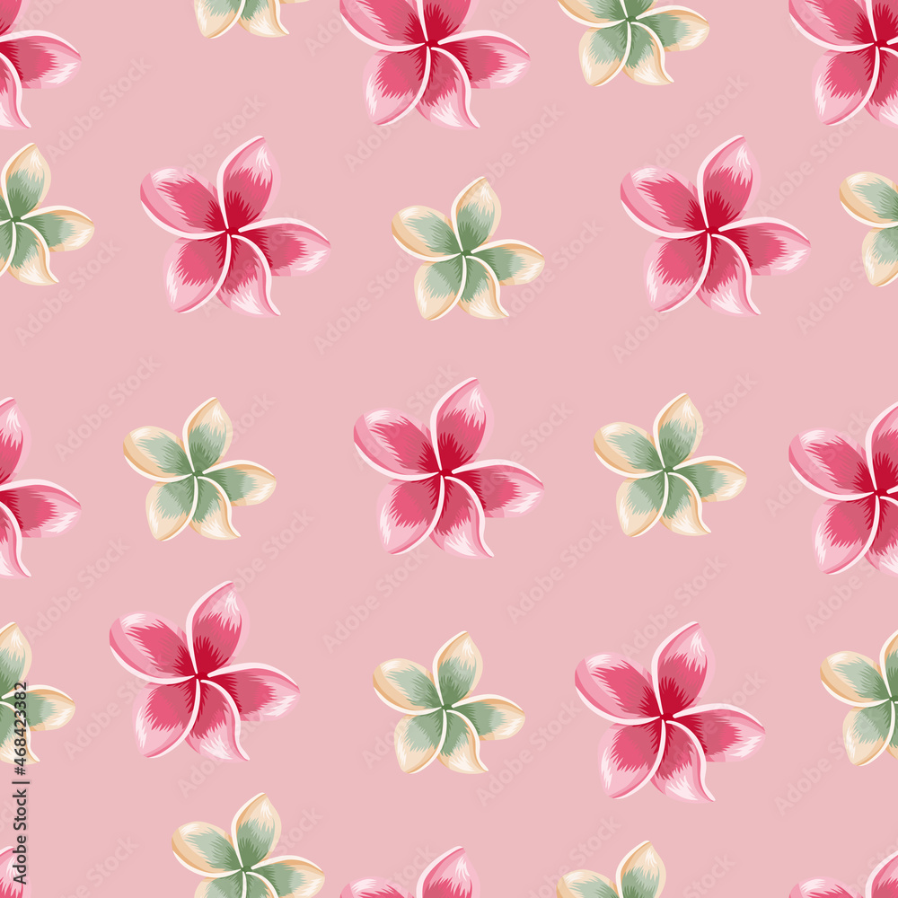 Exotic blooming plumeria seamless pattern on pink background. Exotic blooming plumeria seamless pattern on pink background.