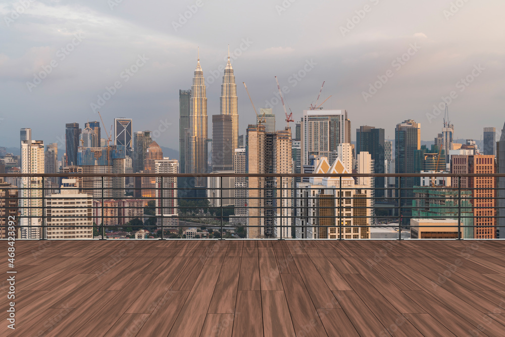 Panoramic Kuala Lumpur skyline view, wooden observatory deck on rooftop, sunset. Asian corporate and residential lifestyle. Financial city downtown, real estate. Product display mockup empty roof