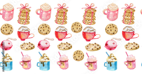 Seamless Border Frieze Christmas Sweets Winter Drinks Coffee Cocoa Homemade Cookies Watercolor by Hand