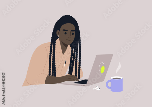 A young female African character focused on their work, a workplace scene, daily routine