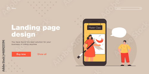 Child learning drawing online. Flat vector illustration. Cartoon dark skinned boy watching art master class with teacher on giant smartphone. Art, drawing, e-learning concept for banner design