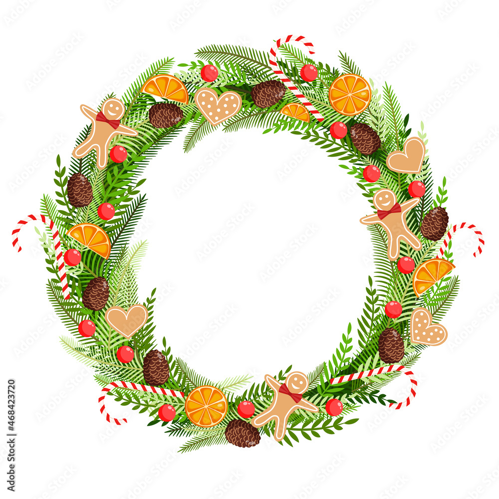 Christmas wreath made of natural pine, twigs, cones, garland, gingerbread men, sweets, cookies and dried orange for postcards, posters, banners. Illustration of Merry Christmas and New Year.