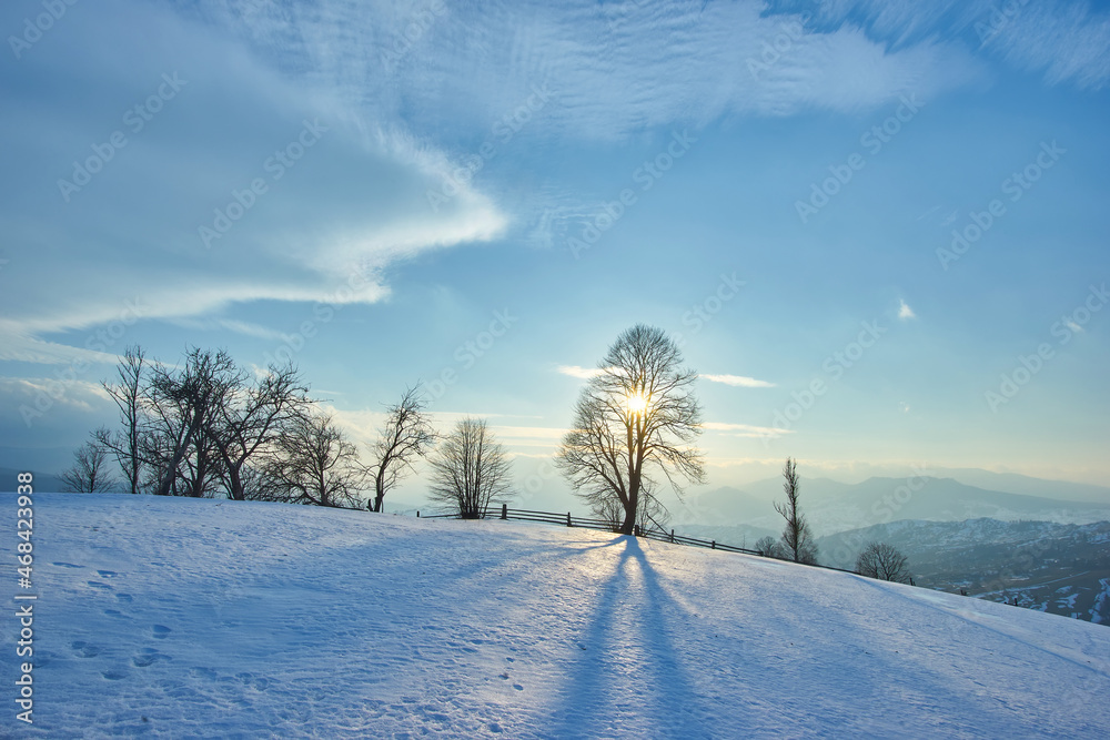 Wonderful Winter Landscape. Awesome Alpine Highlands in Sunny Day. Christmas holyday concept. Winter mountain forest. Snowy mountains and perfect blue sky. Wonderful Winter Landscape. Awesome Alpine Highlands in Sunny Day. Christmas holyday concept. Winter mountain forest. Snowy mountains and perfect blue sky.