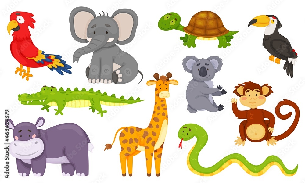 Fototapeta premium Cartoon jungle animals, wild african animal characters. Cute monkey, giraffe, elephant, toucan, zebra, koala, savannah wildlife vector set. Childish tropical creatures with smiley faces
