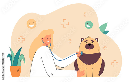 Veterinary surgeon examining cute dog at clinic. Domestic animal having checkup appointment flat vector illustration. Pet health care and medical concept for banner, website design, landing web page