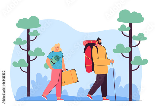Man and woman traveling in mountains and forest with backpacks. Holiday summer adventure in camping flat vector illustration. Family hiking, nature concept for banner, website design, landing web page