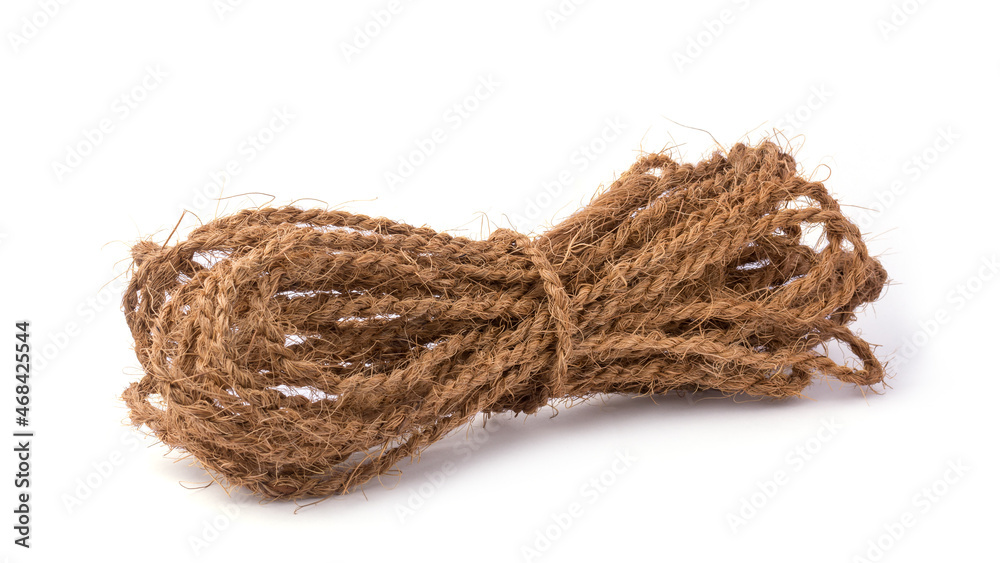 coconut coir fiber rope, handmade eco friendly waterproof strings, isolated on white background