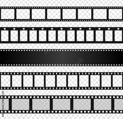 Blank film strip template, black movie reel photo frame. Retro cinema filmstrip, old negative reels camera, seamless films strips vector set. Cinematography production realistic elements