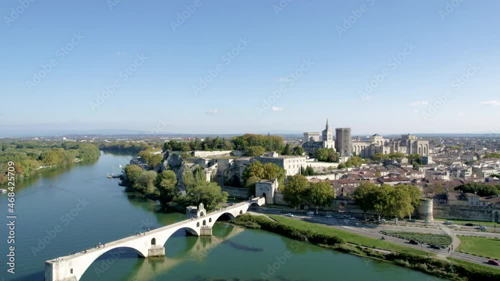 Aerial view of the old city Avignon, Le Pont Saint Benezet and Palais des Papes in Avignon, France Aerial view of the old city Avignon, Le Pont Saint Benezet and Palais des Papes in Avignon, France