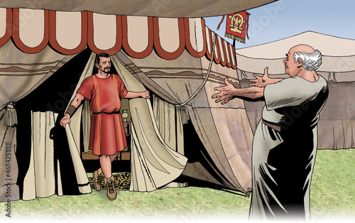 Ancient Rome - Two men greet each other between the tents of a Roman camp photo