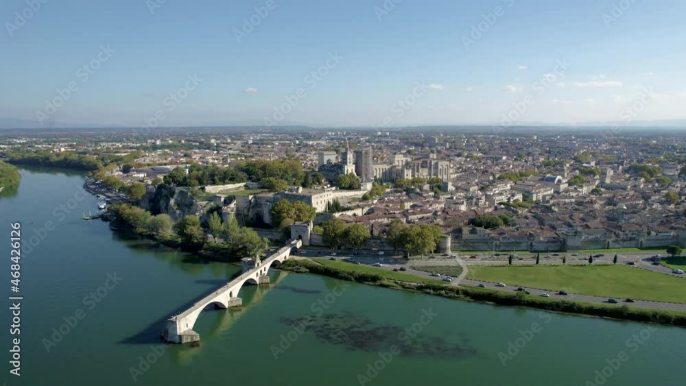 Aerial view of the old city Avignon, Le Pont Saint Benezet and Palais des Papes in Avignon, France