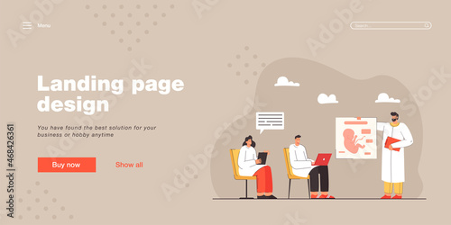 Medical students at lecture vector illustration. Male and female students listening to teacher. Doctor showing illustration of human fetus. Education concept for banner, website design or landing page