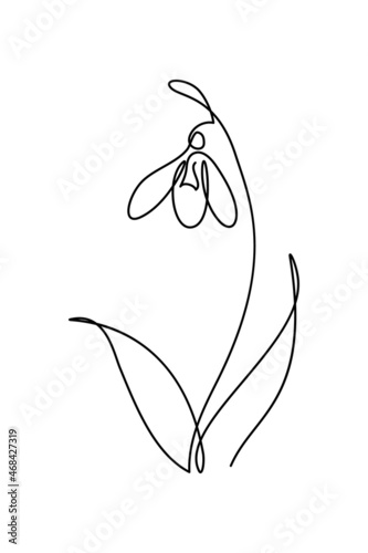 Snowdrop flower in continuous line art drawing style. Black linear sketch isolated on white background. Vector illustration