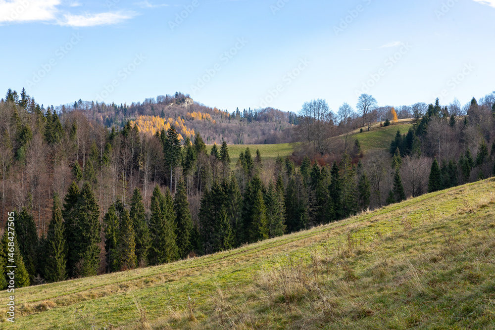 Carpathian Mountains. Colorful autumn panorama of Pieniny Mountains near Szczawnica, Poland.