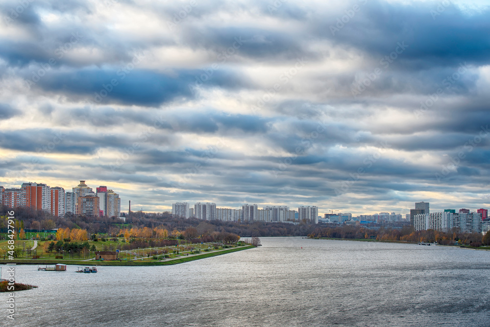 Panoramic view of Moscow river near Brateevo and Maryino districts