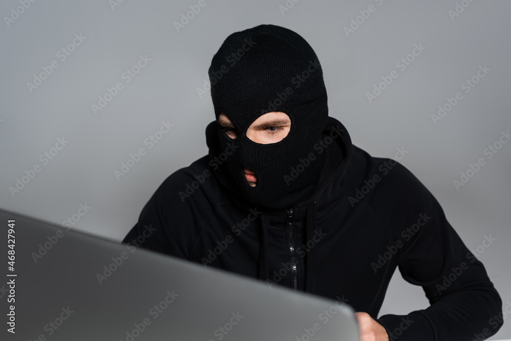 Hacker in balaclava looking at computer monitor isolated on grey Hacker in balaclava looking at computer monitor isolated on grey