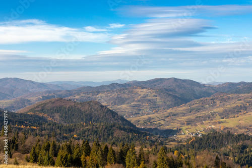 Carpathian Mountains. Colorful autumn panorama of Pieniny Mountains near Szczawnica, Poland.