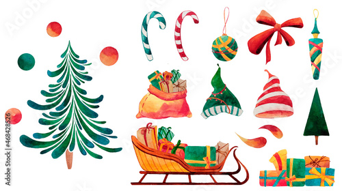 Set of watercolor Christmas illustrations of christmas trees, bag with gifts, hats, bow, christmas balls and candies, sleds with gifts, berries.  Perfect for Christmas and New Year decor, postcards.