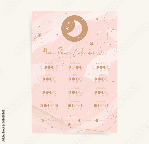 One page moon calendar 2022 year. Modern boho elegant pink moon calendar poster template design. Lunar phases schedule and cycles. Vector illustration background. Vintage aesthetic decorative design