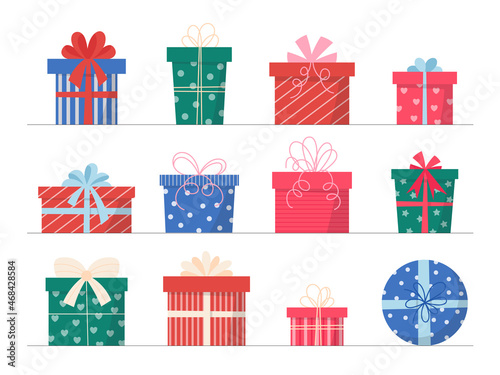 Colorful gift boxes set. Vector illustration of cute isolated present boxes on white background. Hand drawn flat design style. Blue, green, red, pink and beige colors.