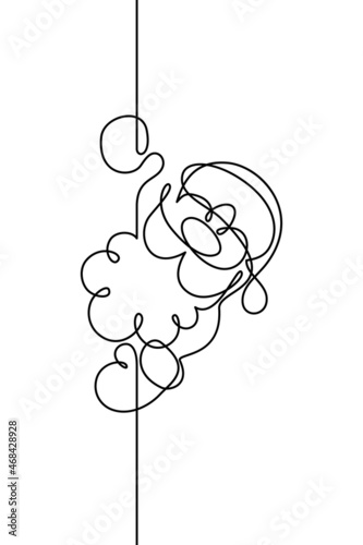 Cute cartoon Santa in continuous line art drawing style. Santa Claus peeking around corner. Vertical Christmas border black linear design isolated on white background. Vector illustration